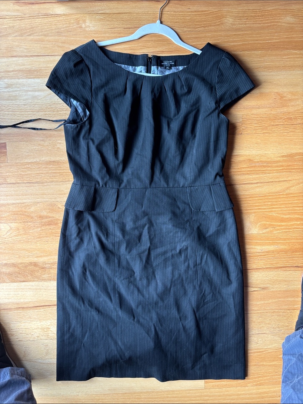 Black Pinstripe Cap-Sleeve Midi Sheath Dress